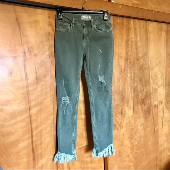 We The Free Denim - We The Free Distressed Raw Hem Skinny Jeans Army Green Free People